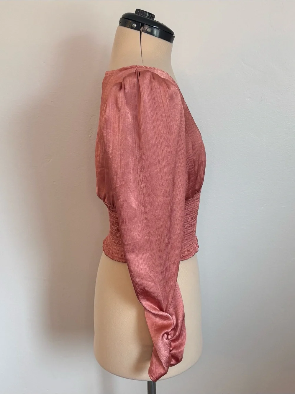 Free People Santiago Cropped Smocked Blouse in Pink Cinnamon, Long Sleeve, S